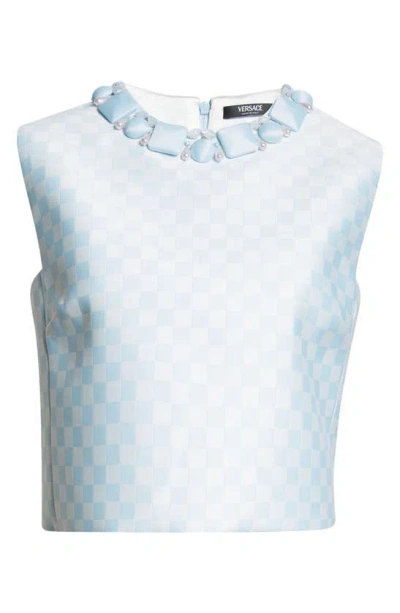 Versace Beaded Collar Check Jacquard Top In Light Sand