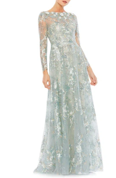 Mac Duggal Sequin Long Sleeve A-line Gown In Mist