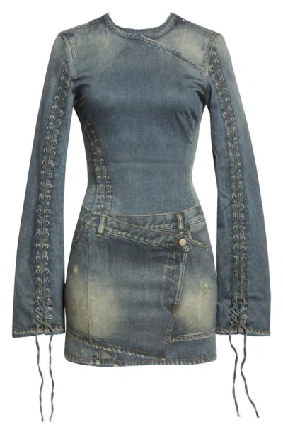 Acne Studios Deanna Trompe L'oeil Long Sleeve Knit Minidress In Mid Blue