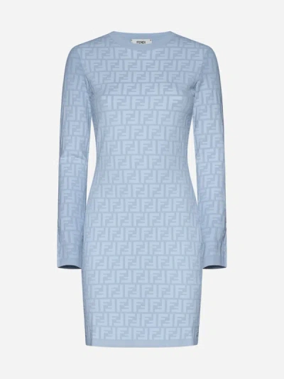 Fendi Ff Jacquard Long Sleeved Crewneck Dress In Pale Blue