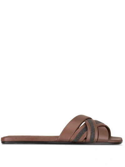 Brunello Cucinelli Leather Monili Flat Slide Sandals In Cream