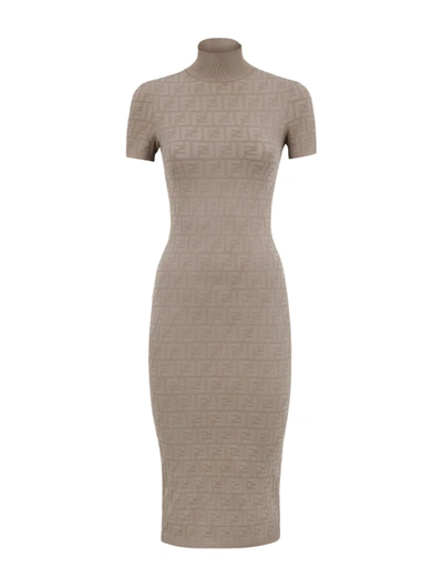 Fendi Dove Grey Ff Viscose Dress In Beige