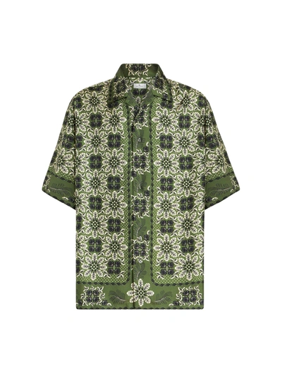Etro Floral Print Silk Shirt With Cuban Collar In Verde