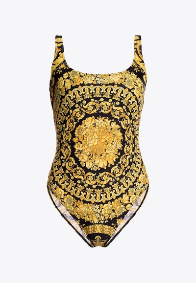 Versace Barocco Print One-piece Swimsuit In Yellow
