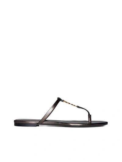 Saint Laurent Cassandra Leather Ysl Thong Sandals In Brown