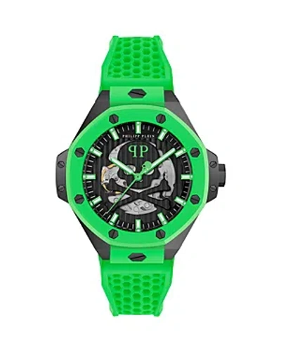Philipp Plein Men's Automatic Skeleton Royal Green Silicone Strap Watch 46mm In Black/green