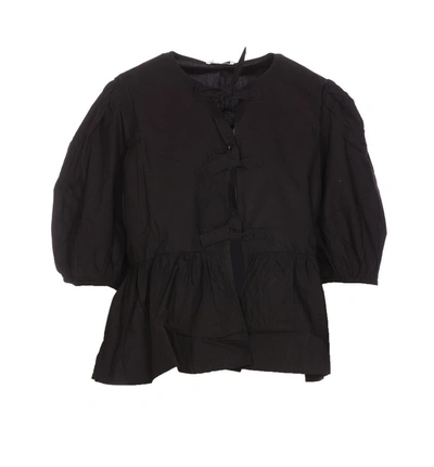 Ganni Poplin Front-tie Peplum Blouse With Puffed-sleeves In Black
