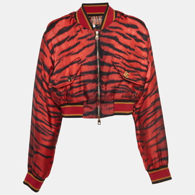 Pre-owned Dolce & Gabbana Red Tiger Print Silk Cropped Bomber Jacket M
