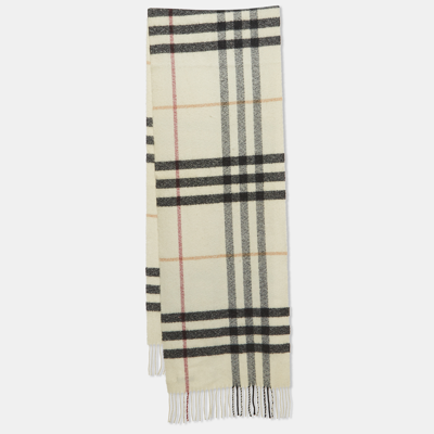 Pre-owned Burberry Cream Checked Cashmere Blend Fringed Muffler