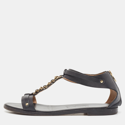 Pre-owned Ferragamo Black Leather T Chan Detail Flat Sandals Size 39.5