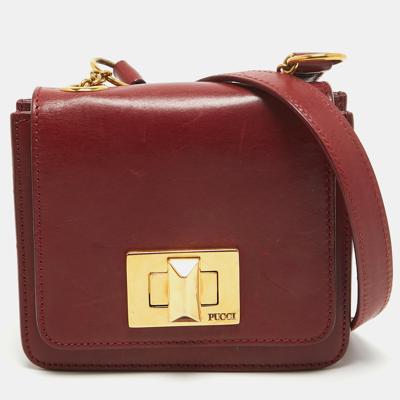 Pre-owned Emilio Pucci Burgundy Leather Trunlock Flap Crossbody Bag