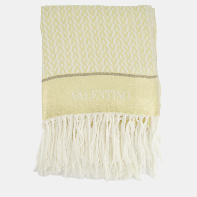 Pre-owned Valentino Ivory And Gold Logo Print Scarf In Yellow