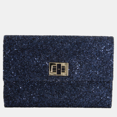 Pre-owned Anya Hindmarch Blue Glitter Clutch Champagne Gold Hardware And Logo Clasp