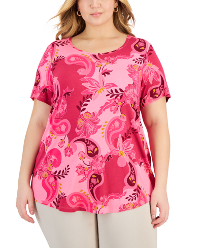 Jm Collection Plus Size Floral-print Scoop-neck Top, Created For Macy's In Claret Rose Combo