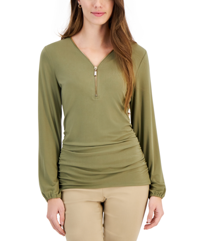 Jm Collection Women's Zip V-neck Ruched Front Top, Created For Macy's In Army Green