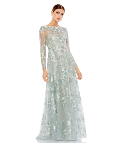 Mac Duggal Sequin Long Sleeve A-line Gown In Mist