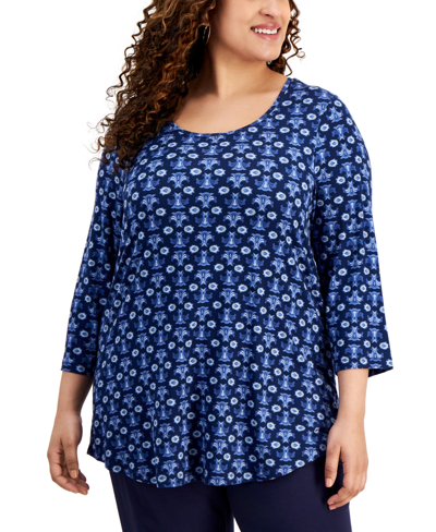 Jm Collection Plus Size Geo-print 3/4-sleeve Top, Created For Macy's In Intrepid Blue Combo