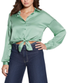 Guess Jun Satin Tie Hem Button-up Shirt In Vital Green