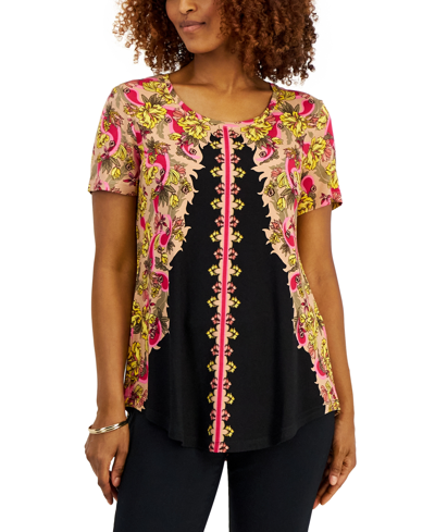 Jm Collection Women's Printed Short-sleeve Scoop-neck Top, Created For Macy's In Deep Black Combo