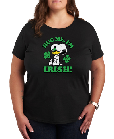 Air Waves Trendy Plus Size Peanuts Snoopy St. Patrick's Day Graphic T-shirt In Black