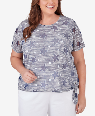 Alfred Dunner Plus Size All American Lined Space Dye Stars Tee With Side Tie In Navy