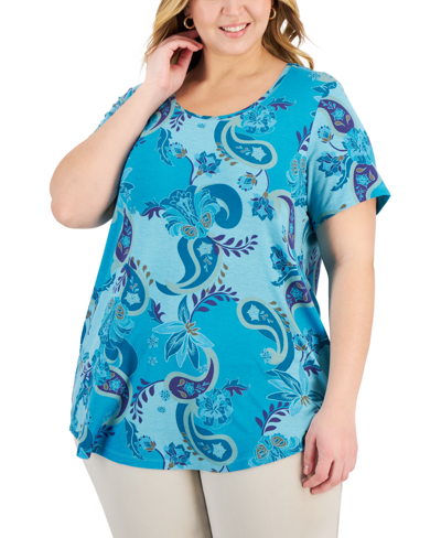 Jm Collection Plus Size Floral-print Scoop-neck Top, Created For Macy's In Seafrost Combo
