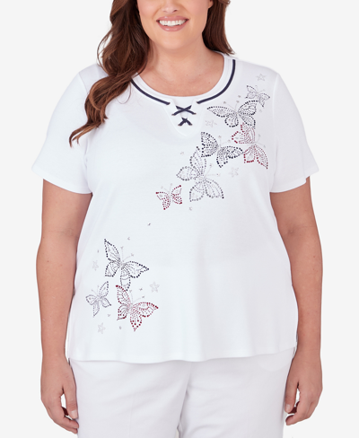 Alfred Dunner Plus Size All American Butterfly Heat Seat Short Sleeve Top In White