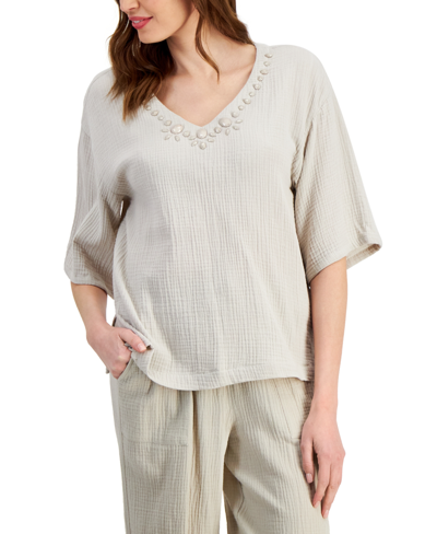 Jm Collection Women's Cotton Guaze Beaded V-neck Top, Created For Macy's In Stonewall