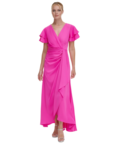 Dkny Women's Double Flutter-sleeve Cascading Gown In Power Pink