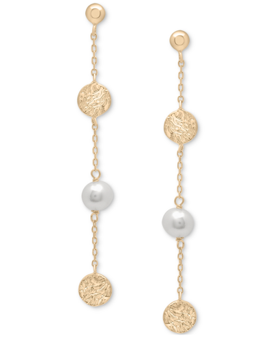 Macy's Cultured Freshwater Pearl (6-7mm) & Textured Disc Linear Drop Earrings In 14k Gold-plated Sterling S In Gold Over Silver
