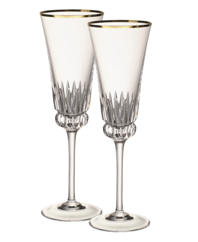 Villeroy & Boch Grand Royal Gold-tone Flute Glasses, Pair Of 2 In Clear