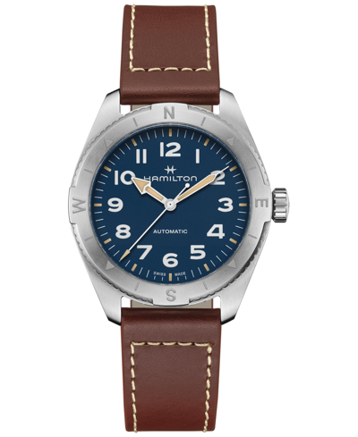 HAMILTON MEN'S SWISS AUTOMATIC KHAKI FIELD EXPEDITION BROWN LEATHER STRAP WATCH 41MM