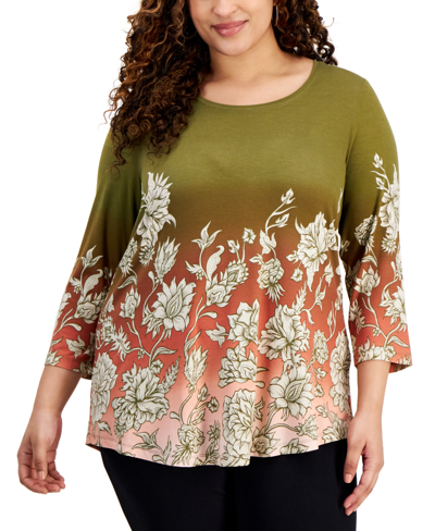 Jm Collection Plus Size Printed Scoop-neck 3/4-sleeve Top, Created For Macy's In New Avocado Combo
