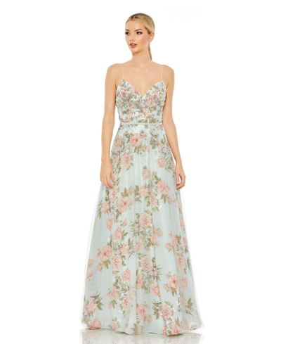 Mac Duggal Embellished Lace Up Sleeveless Gown In Mint Multi