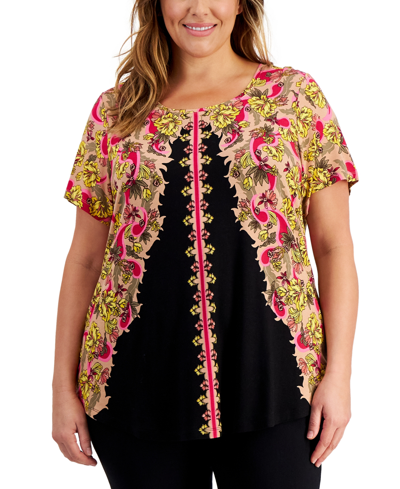 Jm Collection Plus Size Oaklyn Ornate Print Short-sleeve Top, Created For Macy's In Deep Black Combo