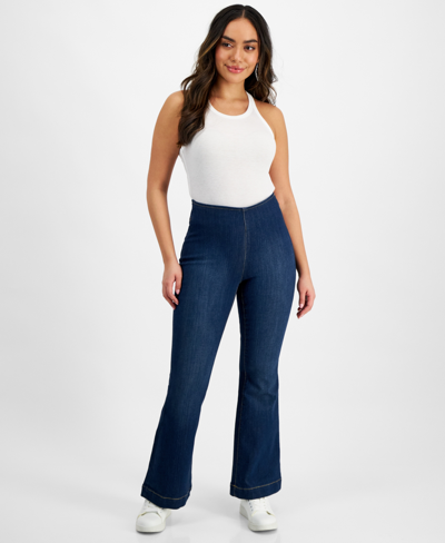 Inc International Concepts Petite High-rise Flare-leg Pull-on Denim Jeans, Created For Macy's In Dark Indigo