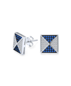 BLING JEWELRY MENS BLUE WHITE CUBIC ZIRCONIA MICRO PAVE GEOMETRIC CZ PYRAMID SQUARE STUD EARRINGS FOR MEN.925 STER