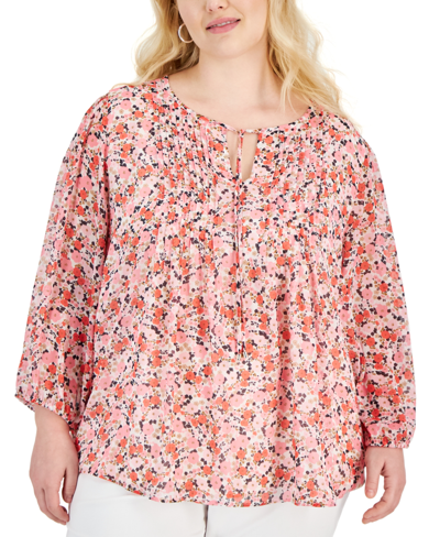 Tommy Hilfiger Plus Size Floral Pintucked Blouse In Ivory,peony