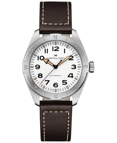 HAMILTON MEN'S SWISS AUTOMATIC KHAKI FIELD EXPEDITION BROWN LEATHER STRAP WATCH 41MM