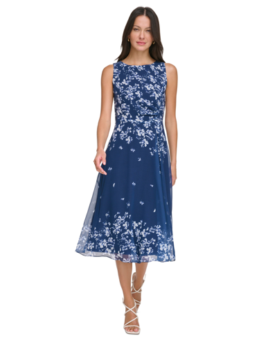 Dkny Women's Printed Sleeveless Side-ruched Dress In Blue