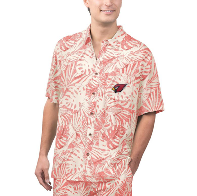 Margaritaville Tan Arizona Cardinals Sand Washed Monstera Print Party Button-up Shirt In Cream