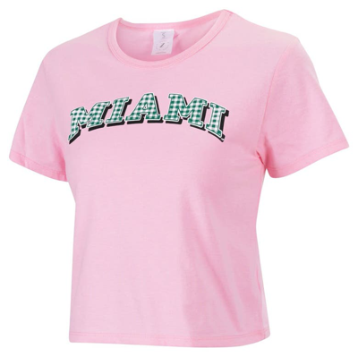 Zoozatz Pink Miami Hurricanes Gingham Logo Cropped T-shirt