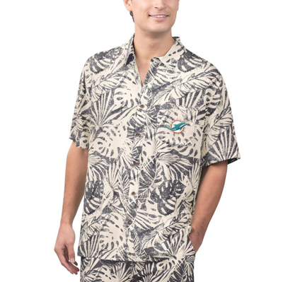 Margaritaville Tan Miami Dolphins Sand Washed Monstera Print Party Button-up Shirt In Cream