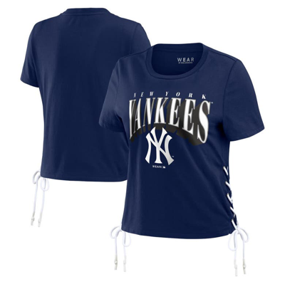 Wear By Erin Andrews Navy New York Yankees Side Lace-up Cropped T-shirt