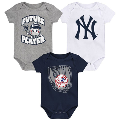 Outerstuff Babies' Infant Heather Grey/navy/white New York Yankees Minor League Player Three-pack Bodysuit Set