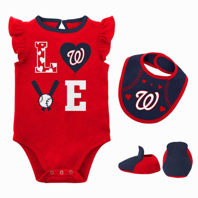 Outerstuff Babies' Newborn & Infant Red/navy Washington Nationals Three-piece Love Of Baseball Bib Bodysuit & Booties S
