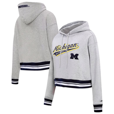 Pro Standard Heather Gray Michigan Wolverines Script Tail Fleece Cropped Pullover Hoodie