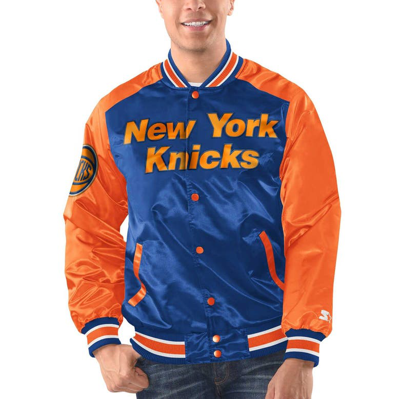 Starter Men's Blue/orange New York Knicks Renegade Satin Full-snap Varsity Jacket In Blue,orange