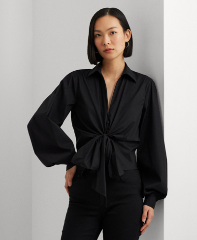 Lauren Ralph Lauren Tie-waist Cotton-blend Shirt In Black