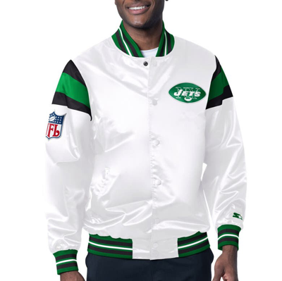 Starter Men's  White, Green Distressed New York Jets Vintage-like Satin Full-snap Varsity Jacket In White,green